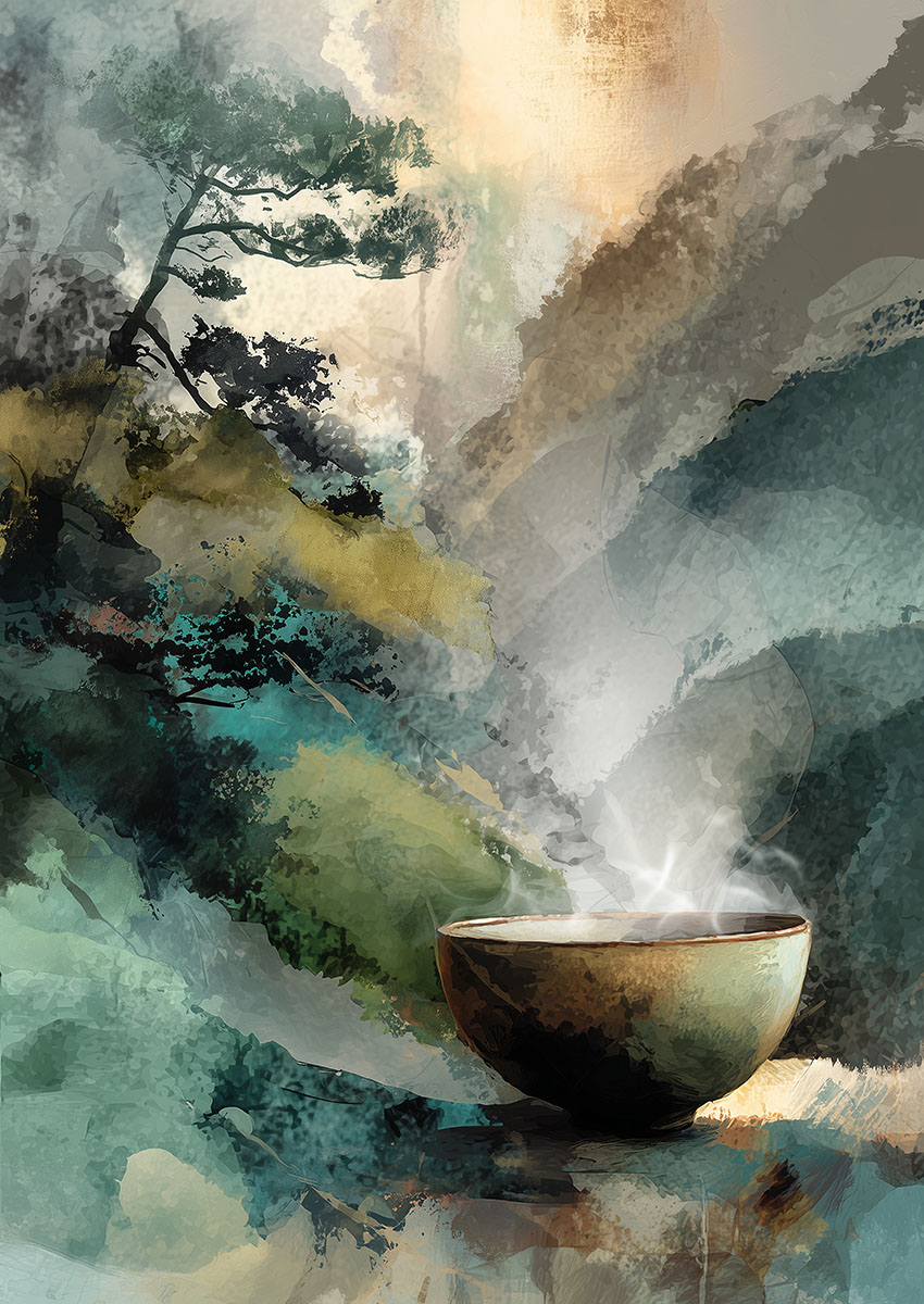 Artwork featuring a steaming bowl in a tranquil abstract landscape